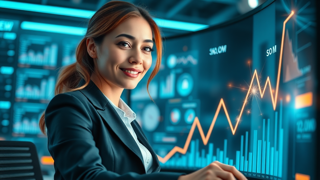 Businesswoman reviewing SEO services analytics growth in a futuristic office
