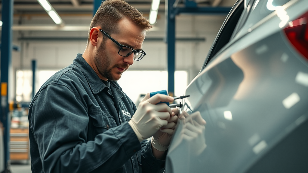 auto body technician repairing a dented car panel, sequential repair scene in organized garage, highly detailed