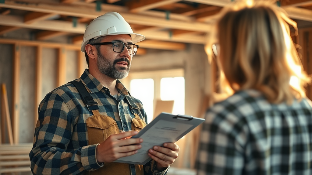 Experienced contractor with clipboard talking to homeowner in a house under renovation - hire a professional home renovation strategies