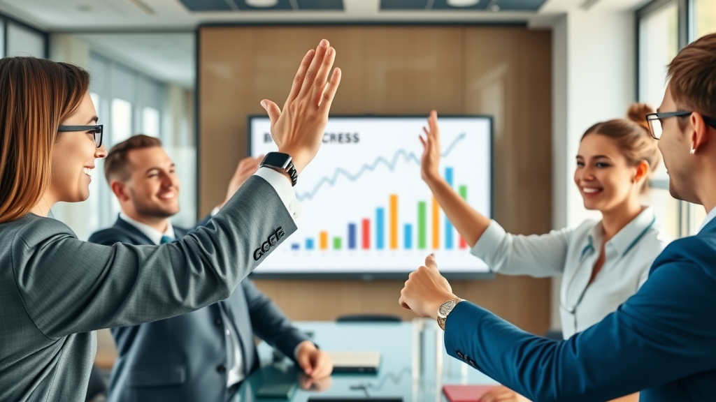 executive celebrating ROI success with media audience targeting in digital ad campaign