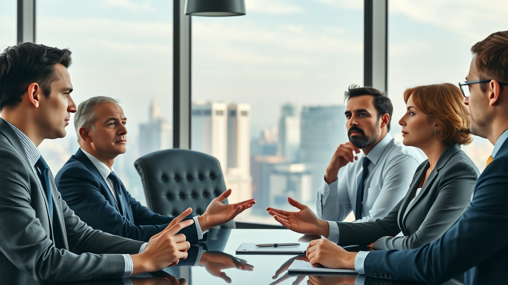 Refined group of executives in discussion in a high-end boardroom, reflecting the high-end coaching market