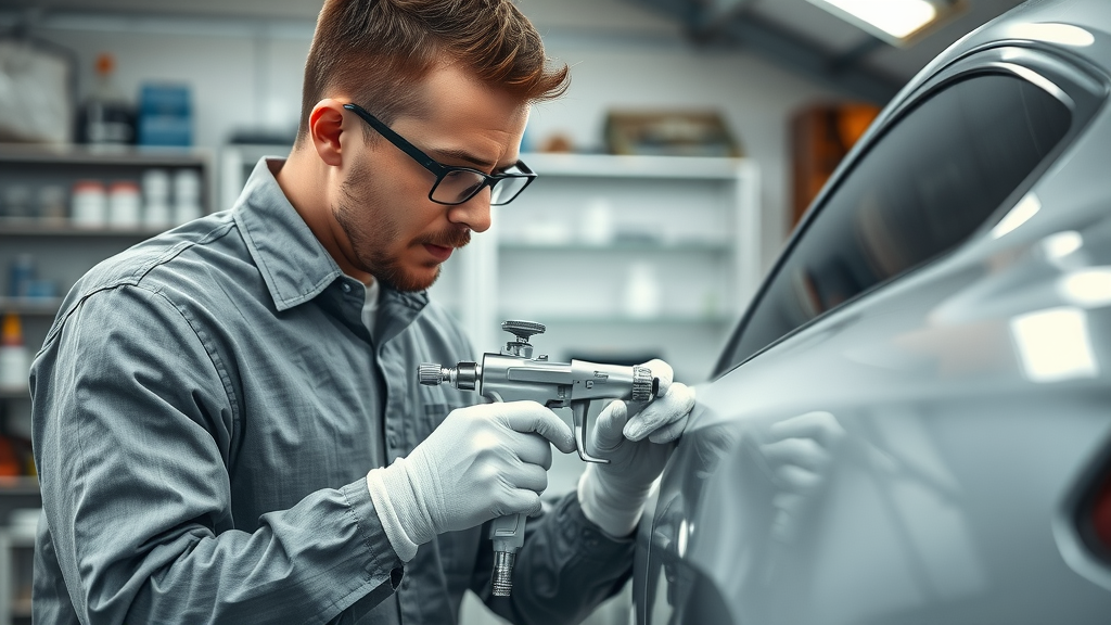 automotive refinishing technician applying paint with spray gun, organized workshop, precision, high detail