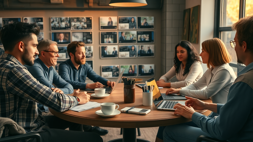 Creative team brainstorming script for social media video marketing