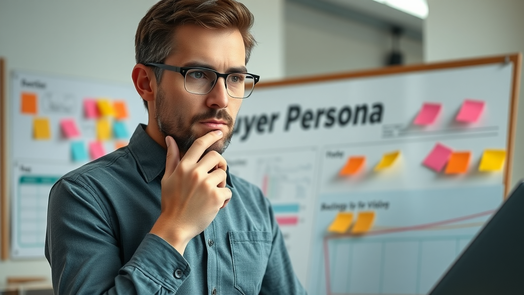 Marketer planning video content strategy, creating buyer personas with strategy boards and post-it notes, focused on mapping target audience for content creation