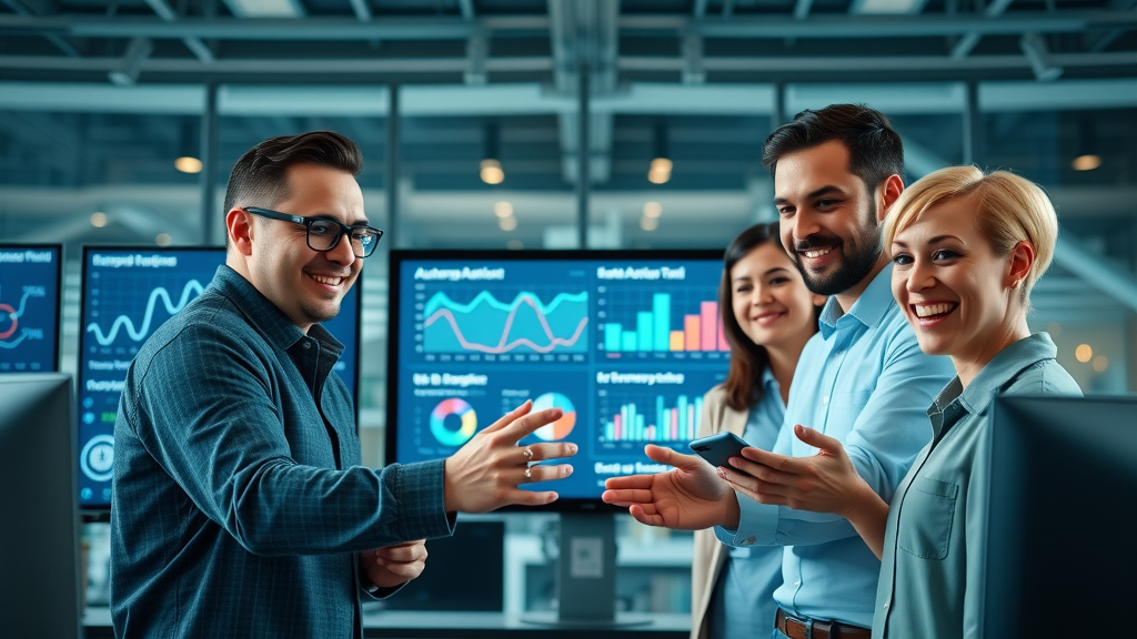 Efficient sales team collaborating around digital dashboard with automation analytics for small business leads
