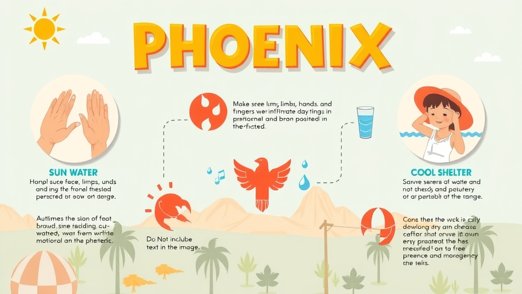 illustrated Phoenix hot weather survival tips infographic, icons for sun and water, summer heat advice, thriving during the summer