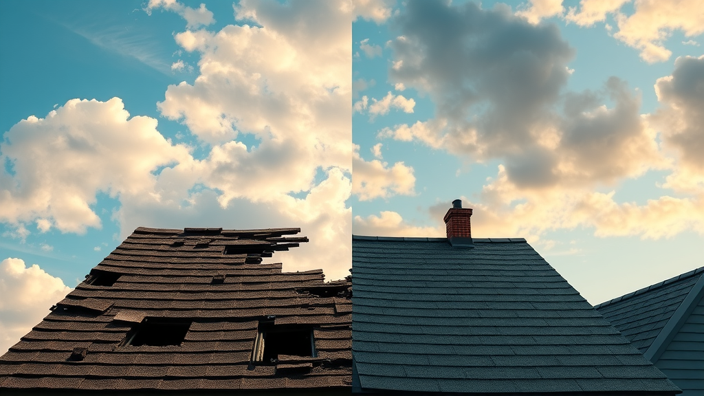 split view illustration old damaged roof new repaired roof, roof repairs, cost comparison, roof replacement decision