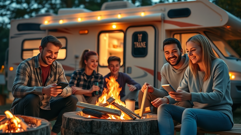 Happy young group at trendy RV campsite, using technology and enjoying campfire, reflecting changing preferences in future RV parks