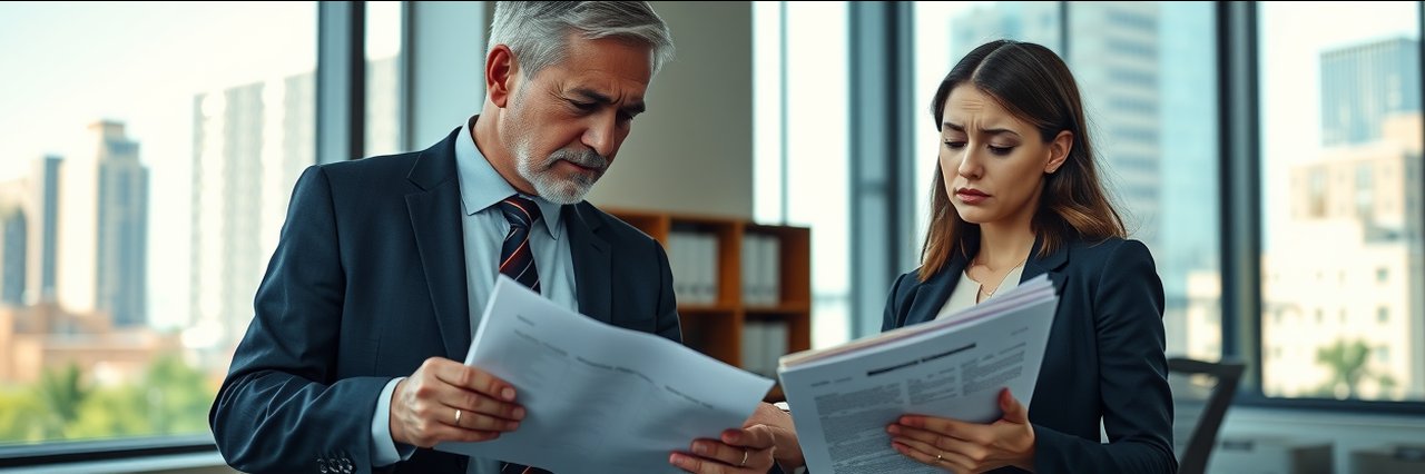 Auto accident attorney helping client review documents in modern law office