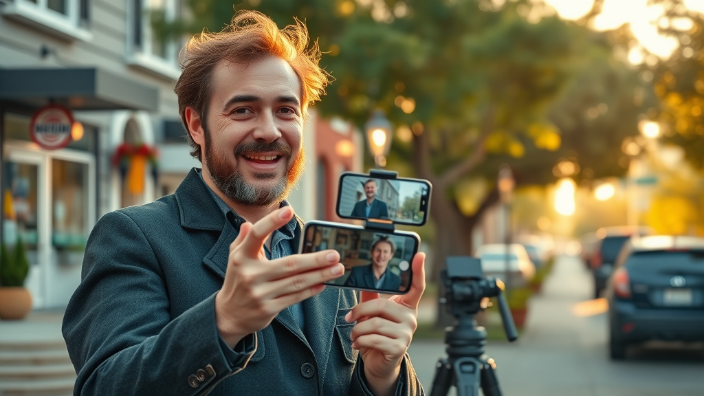 hyperlocal content marketing - business owner filming outdoors in local area