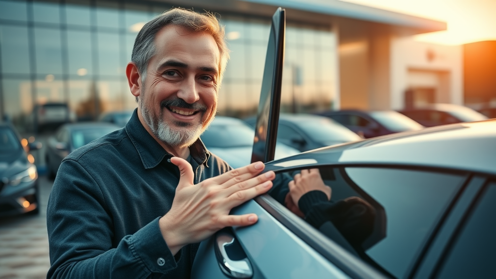 happy customer after paintless dent repair, inspecting car door