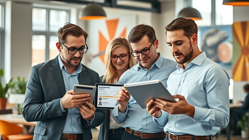 Analytical business team examining partner profiles on tablets, focusing on reputation scores for effective local business collaboration