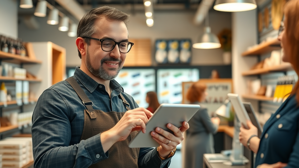 Business owner building local business visibility by responding to online reviews on a tablet in a welcoming store.