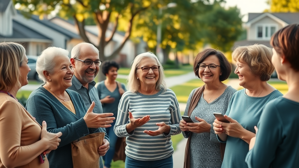 Welcoming residential neighborhood residents smiling and interacting, showcasing friendliness, monmouthshiremedia,com/residents, suburban, tree-lined streets. Photorealistic high fidelity, lifelike, warm natural color palette, soft daylight, highly detailed.