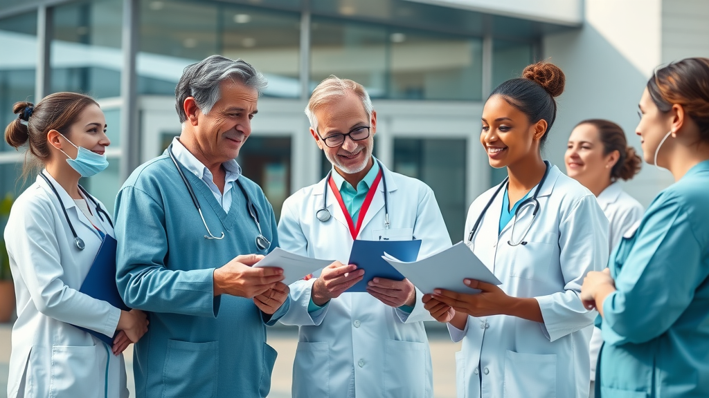 Healthcare professionals and residents exchanging information near a medical center, monmouthshiremedia,com/residents, modern hospital entrance, photorealistic high fidelity, cooperative interactions, cool blue and white tones.