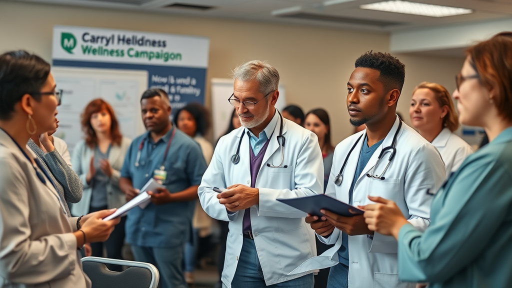 Medical professionals and local families participating in wellness campaign workshop, monmouthshiremedia,com/residents, conference room setting, photorealistic high fidelity, people taking notes attentively, soft overhead lighting.