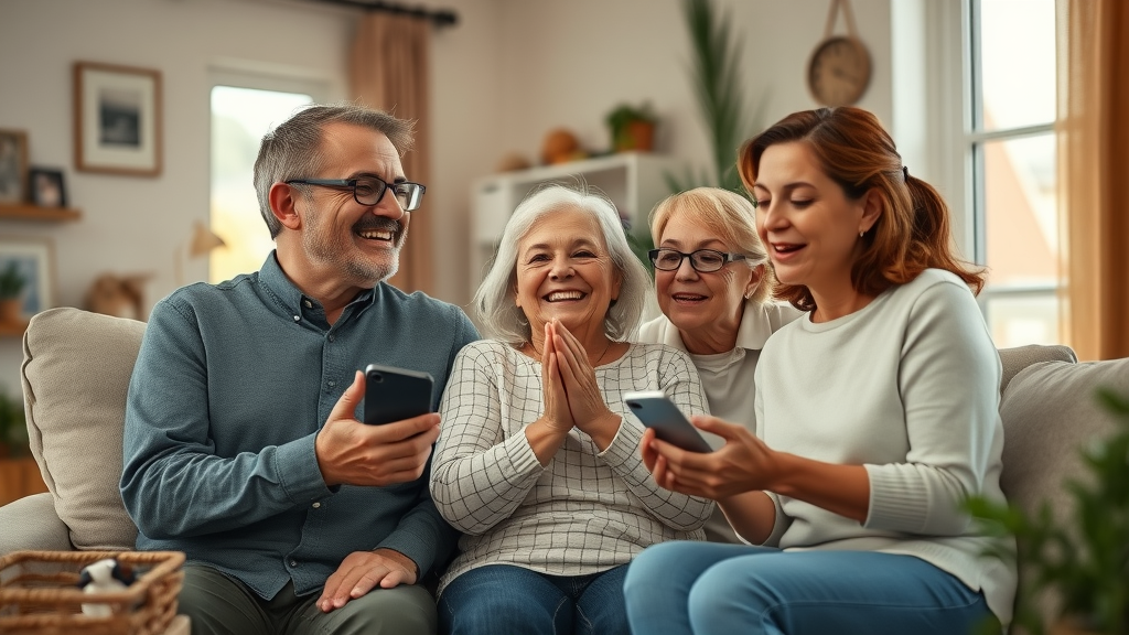 A grateful family expressing appreciation during a video call with community support staff, monmouthshiremedia,com/residents, warm home setting, photorealistic high fidelity, genuine emotions and comforting gestures.