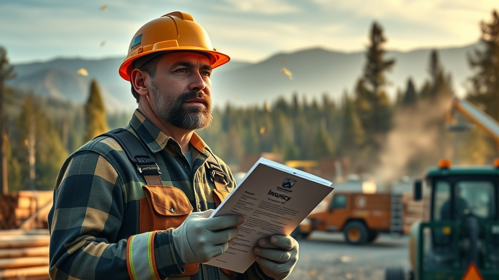 Lumber industry manager reviews insurance in California lumberyard at sunset.