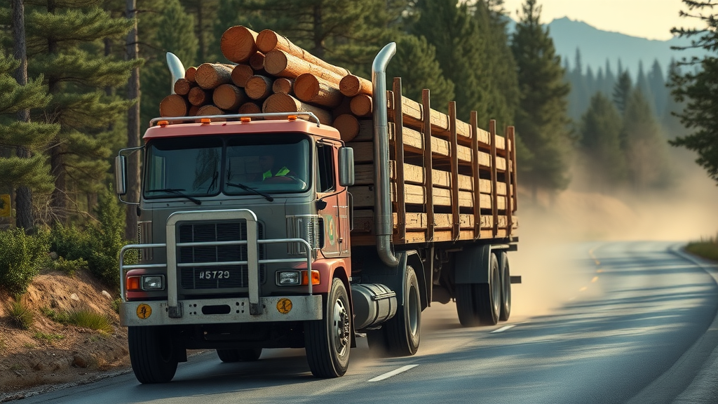 Insured lumber truck on California forest road emphasizing industry risk.