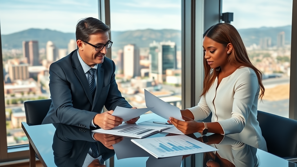 Denver financial advisors consulting smiling clients in modern office setting