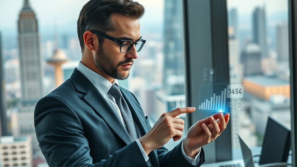 OAB Consulting Inc executive reviews digital strategy reports in high-tech setting