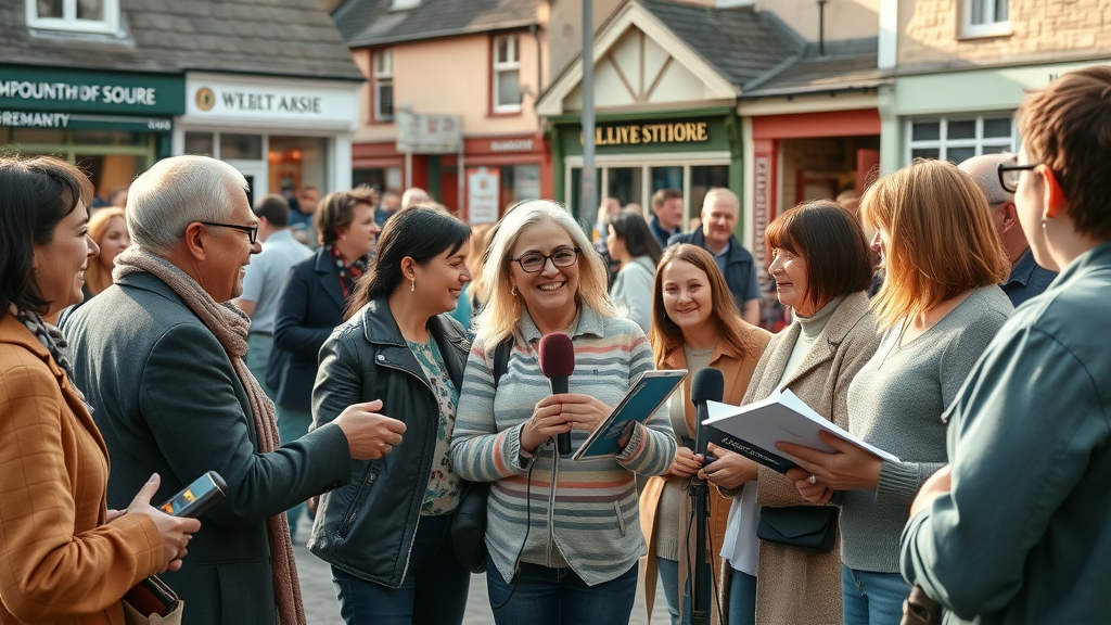 Lively Monmouthshire town square bustling with diverse community members engaging with local reporters, with visible local businesses and community boards, photorealistic.