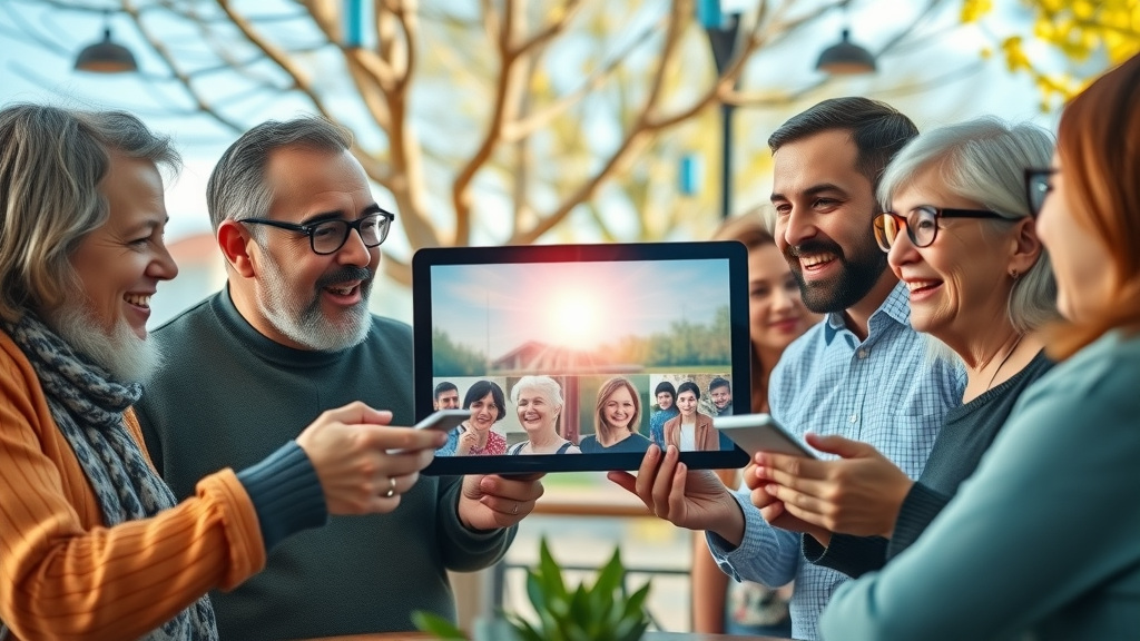 Hopeful Monmouthshire community vision, residents at a digital screen discussing the future of local news, photorealistic.