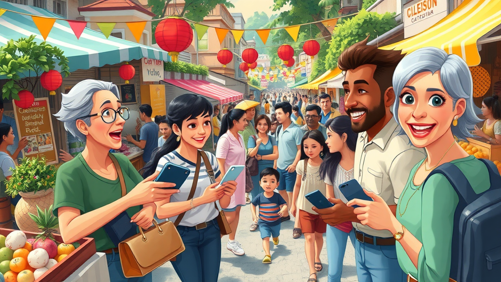 Vibrant Monmouthshire market day, residents interacting with journalists in lively scenic centre, 2D cartoon style.