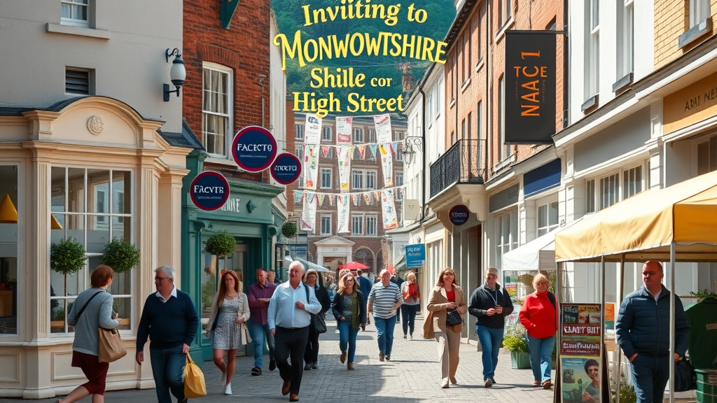 Inviting Monmouthshire high street bustling with local business owners and shoppers, vibrant town centre, historic buildings, community banners, market stalls, energetic atmosphere — monmouthshiremedia for business,s