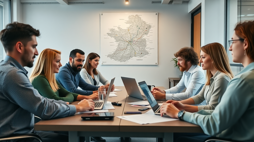 Modern workspace with Monmouthshire map, business owners collaborating using digital devices – monmouthshiremedia for business,s local business support