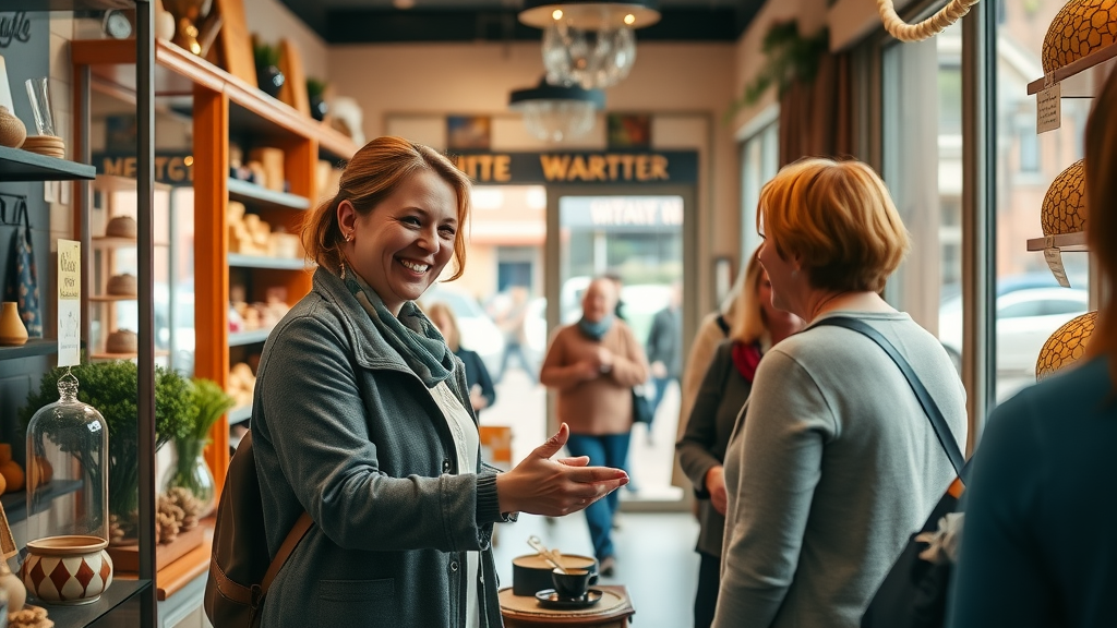 Vibrant Monmouthshire shop interior, happy shopkeeper assisting customer, visible town centre foot traffic — monmouthshiremedia for business,s