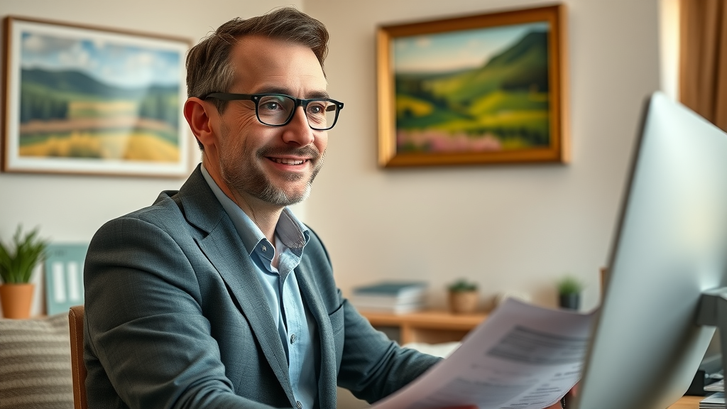 Confident Monmouthshire business owner reviewing advertising package options on computer – monmouthshiremedia for business,s ROI