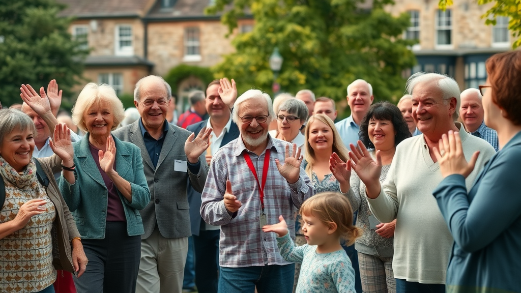 Warm gathering of Monmouthshire residents, smiling and engaging together in a lush park, monmouthshire residents invited to join community project