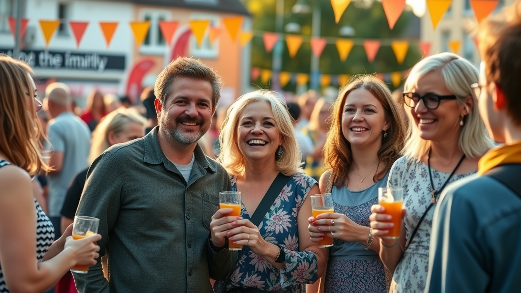 Inspiring local community event with diverse Monmouthshire residents celebrating unity in a vibrant town square; monmouthshiremedia for the community brings people together outdoors, natural light, candid interactions, golden hour.