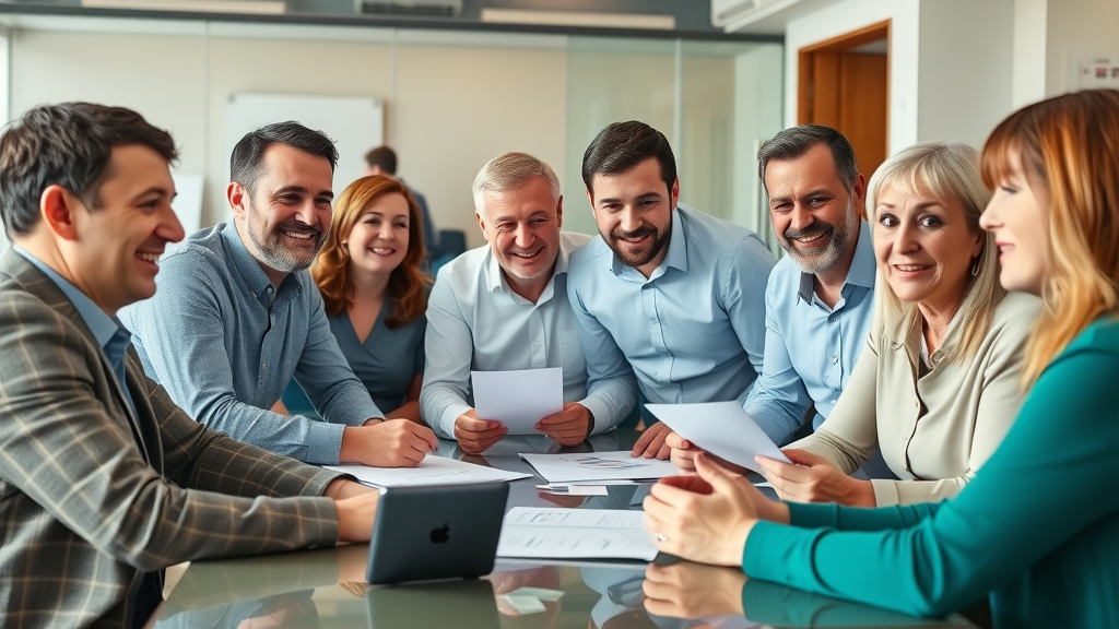 Engaged local Monmouthshire business owners and council members collaborating on community projects in a modern office, teamwork, bright atmosphere.