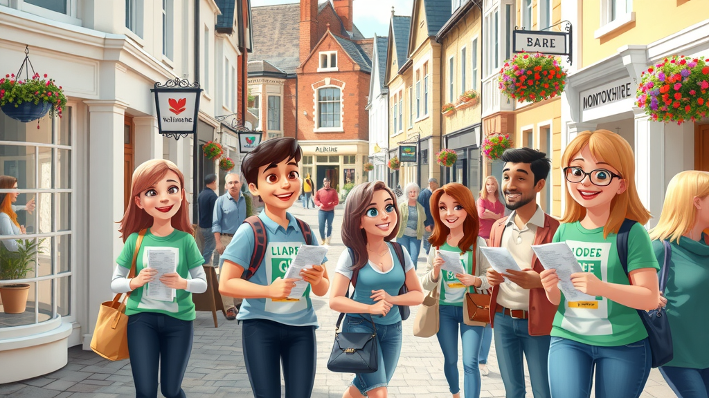 Vibrant Monmouthshire town centre, locals handing out flyers by historic shops under flower baskets, lively and welcoming community engagement, pastel colors, soft sunlight.