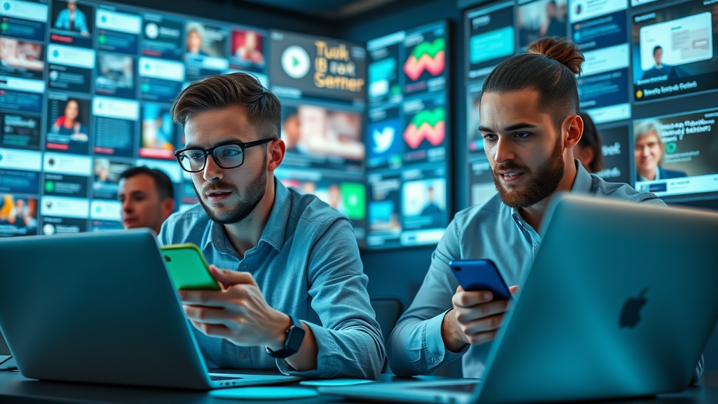Dynamic Monmouthshire social media managers creating content in a futuristic studio with digital screens displaying local community posts and connections.