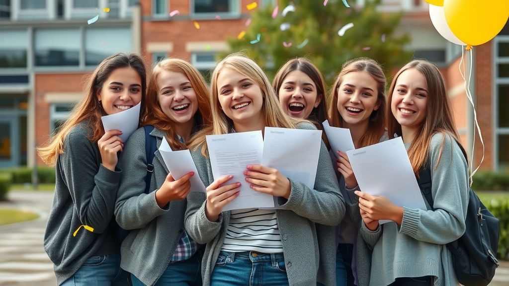 Hopeful Monmouthshire teenagers joyfully embracing and celebrating their GCSE results together in a bright school courtyard, balloons, and confetti.