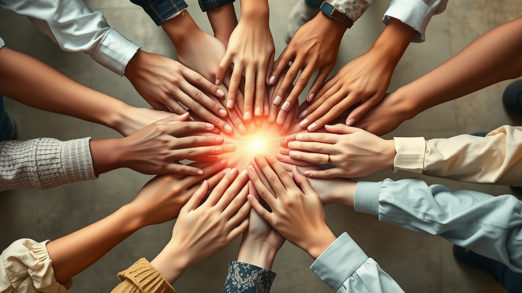Symbolic intertwined hands from diverse Monmouthshire residents, illuminated and forming a glowing network of unity and community connection.