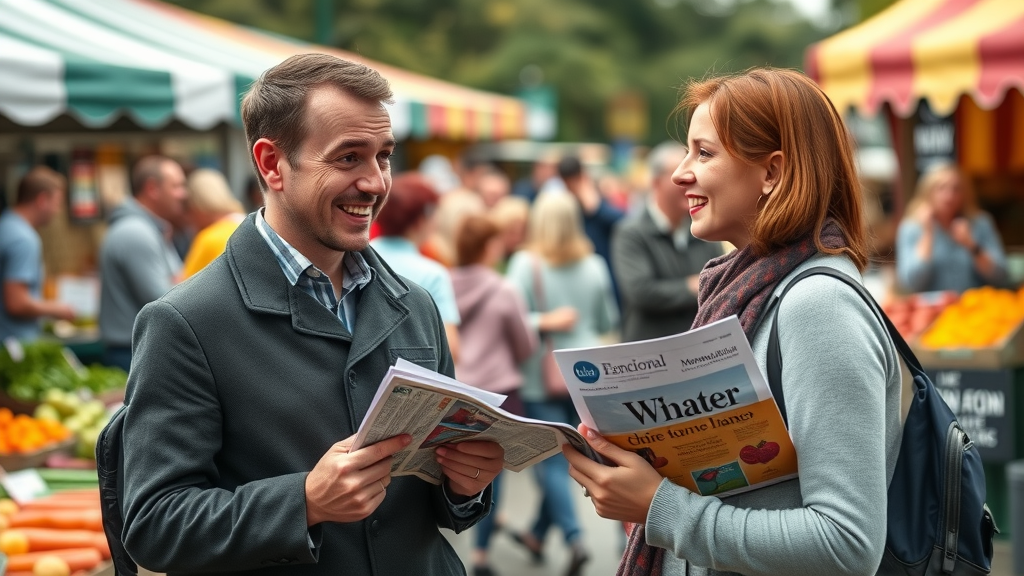 local newspaper reporters interviewing a market vendor, colourful Monmouthshire farmers