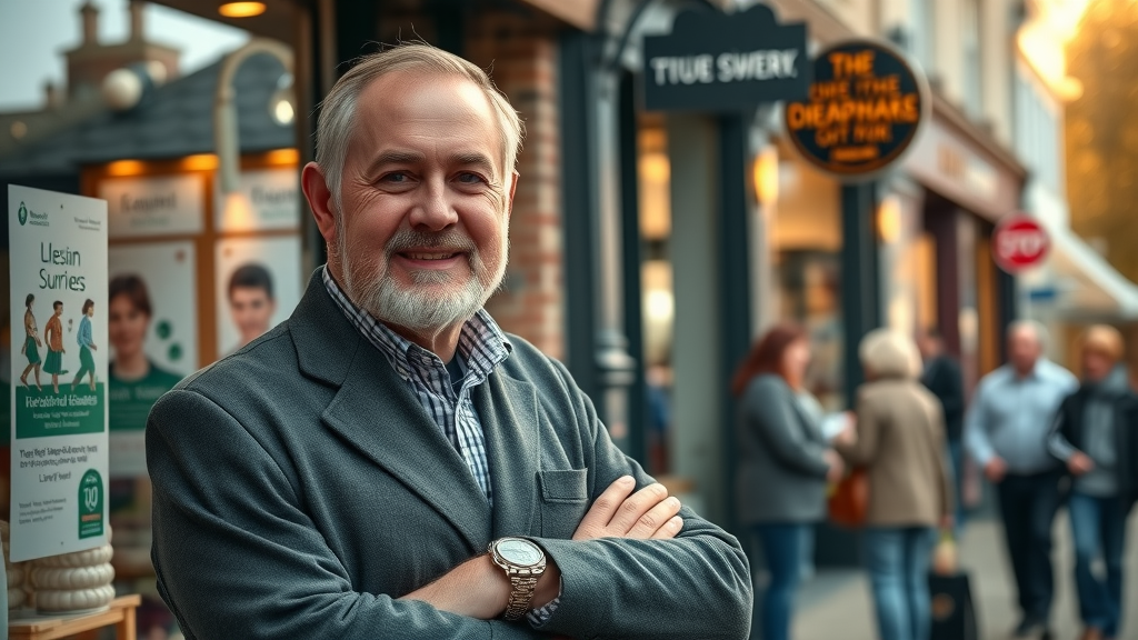 confident local business owner stands outside their independent store on Monmouthshire high street, monmouthshiremedia for residents