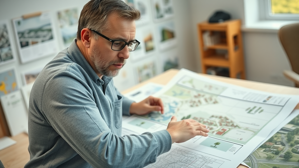 thoughtful community planner reviewing town blueprints at a Monmouthshire planning office, placemaking plan