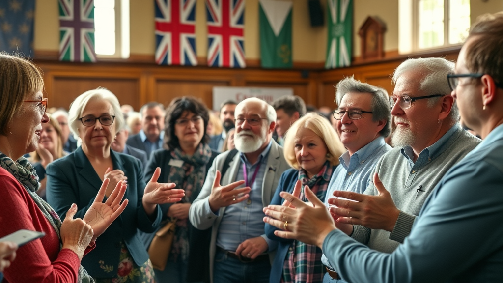 vibrant community town hall meeting, diverse group of Monmouthshire residents engaged in open discussion, council chamber, monmouthshiremedia needs you