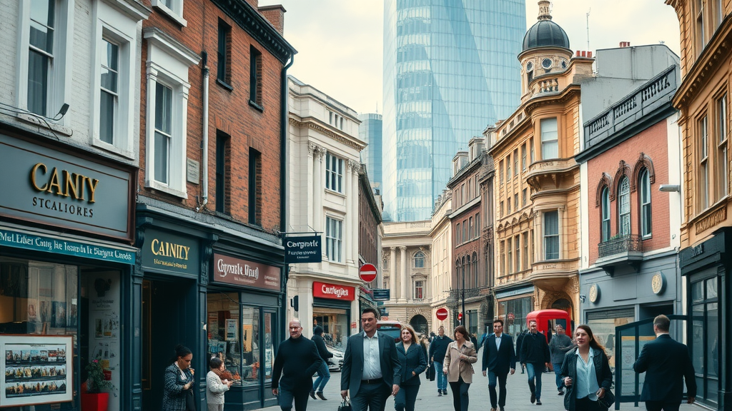 Best London UK business directory for small businesses vibrant cityscape, London landmarks, diverse small business storefronts, business people interacting