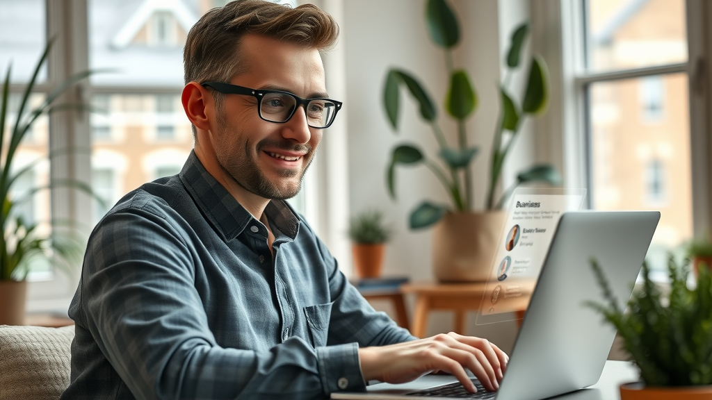 Small business owner managing best London UK business directory listing, reviewing business details, satisfied in London home office