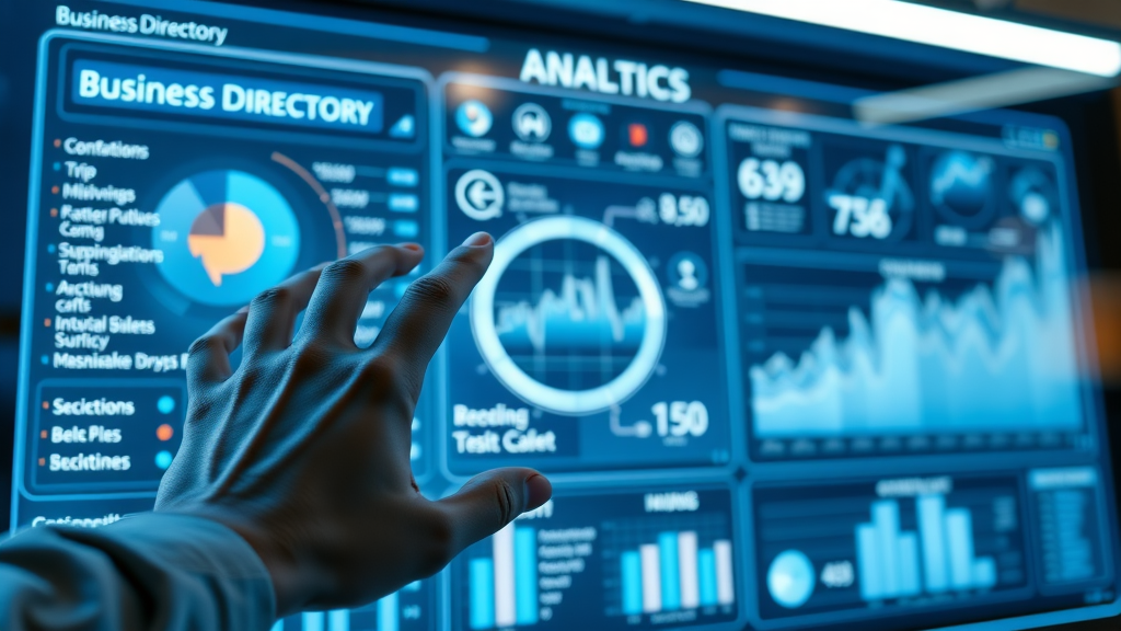 Digital dashboard of London UK business directory showing features, interactive tools for small business, navigation and analytics