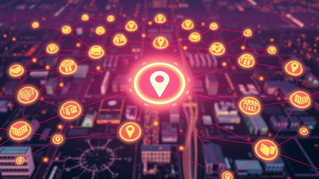 Network of connected business icons, central London business directory glowing, professional and futuristic visualisation