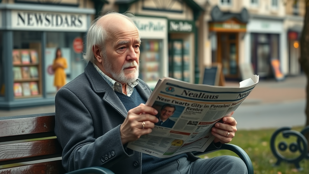 reflective elderly local in Monmouthshire, reading a newspaper in a changing media landscape
