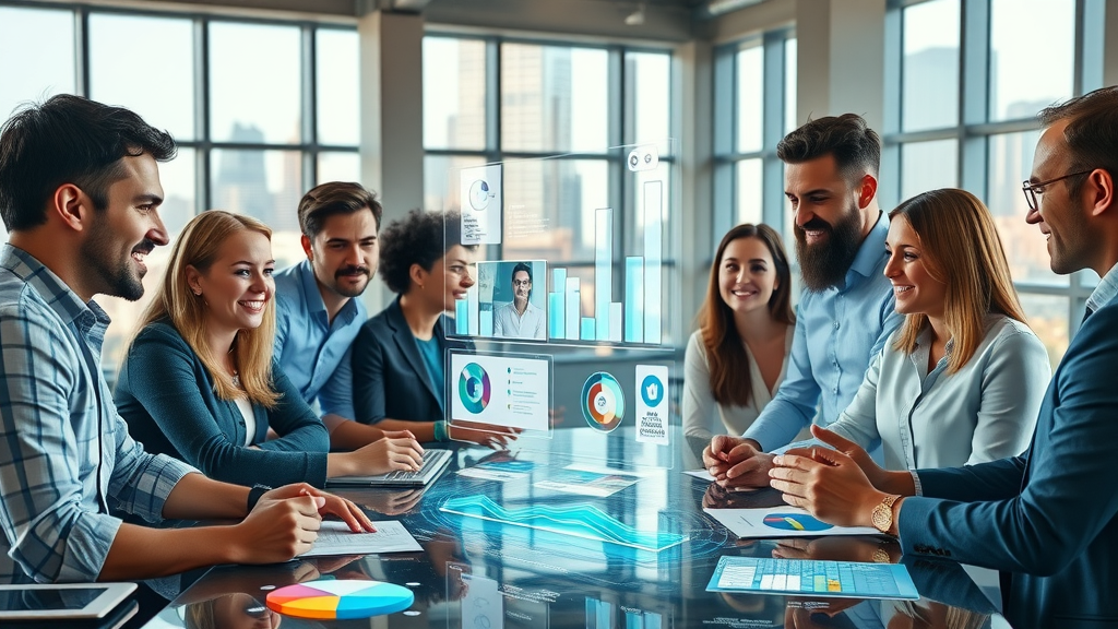 Expert team creating authoritative content marketing at scale in a high-tech office