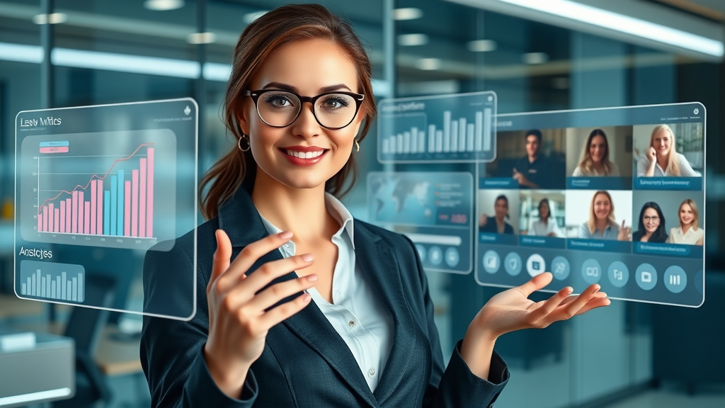 Businesswoman showcasing authoritative content marketing at scale on digital displays